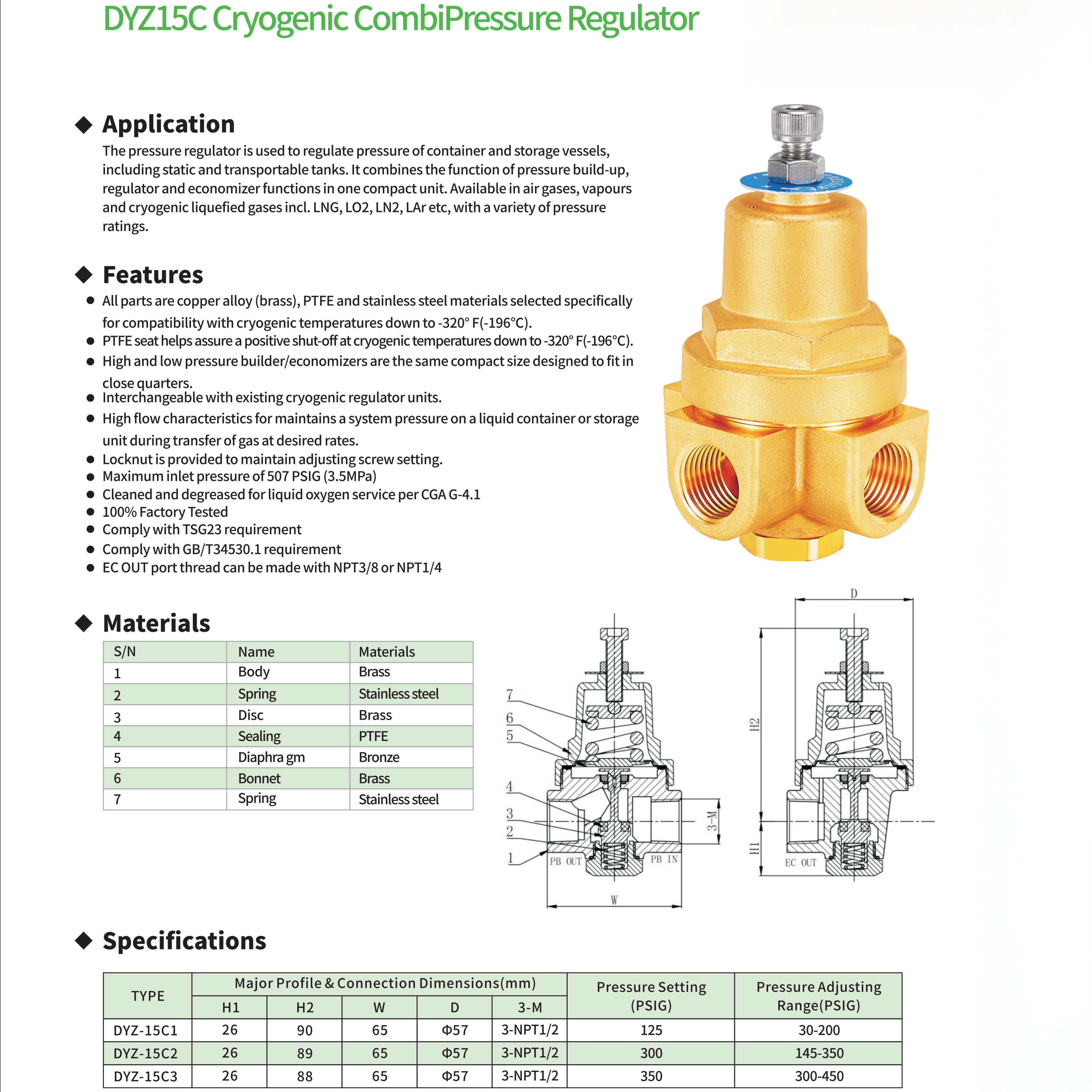 DYZ15C Cryogenic CombiPressure Regulator