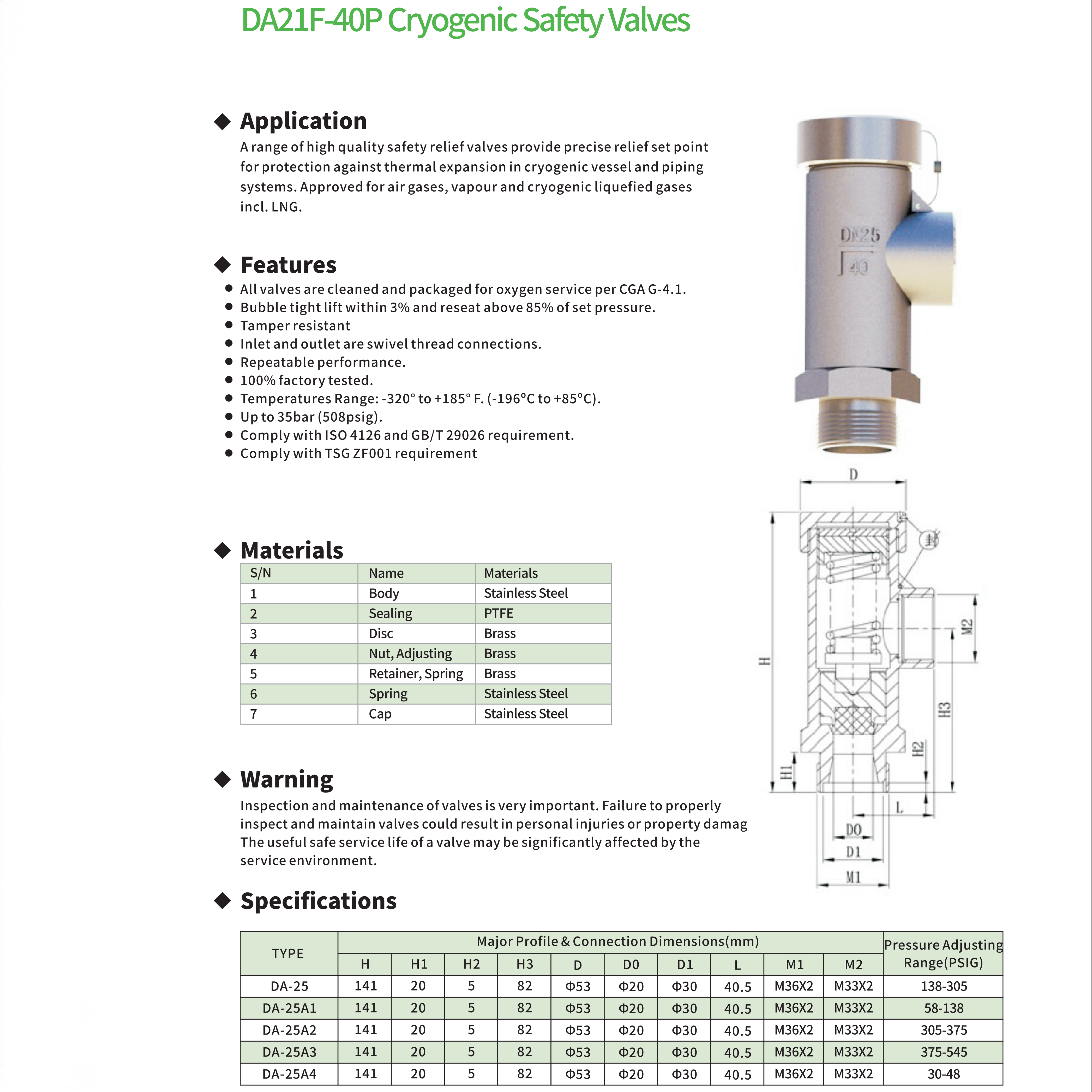 DA21F-40P (DA-25,DA-25A1,DA-25A2,DA-25A2,DA-25A3,DA-25A4) Cryogenic Safety Valves