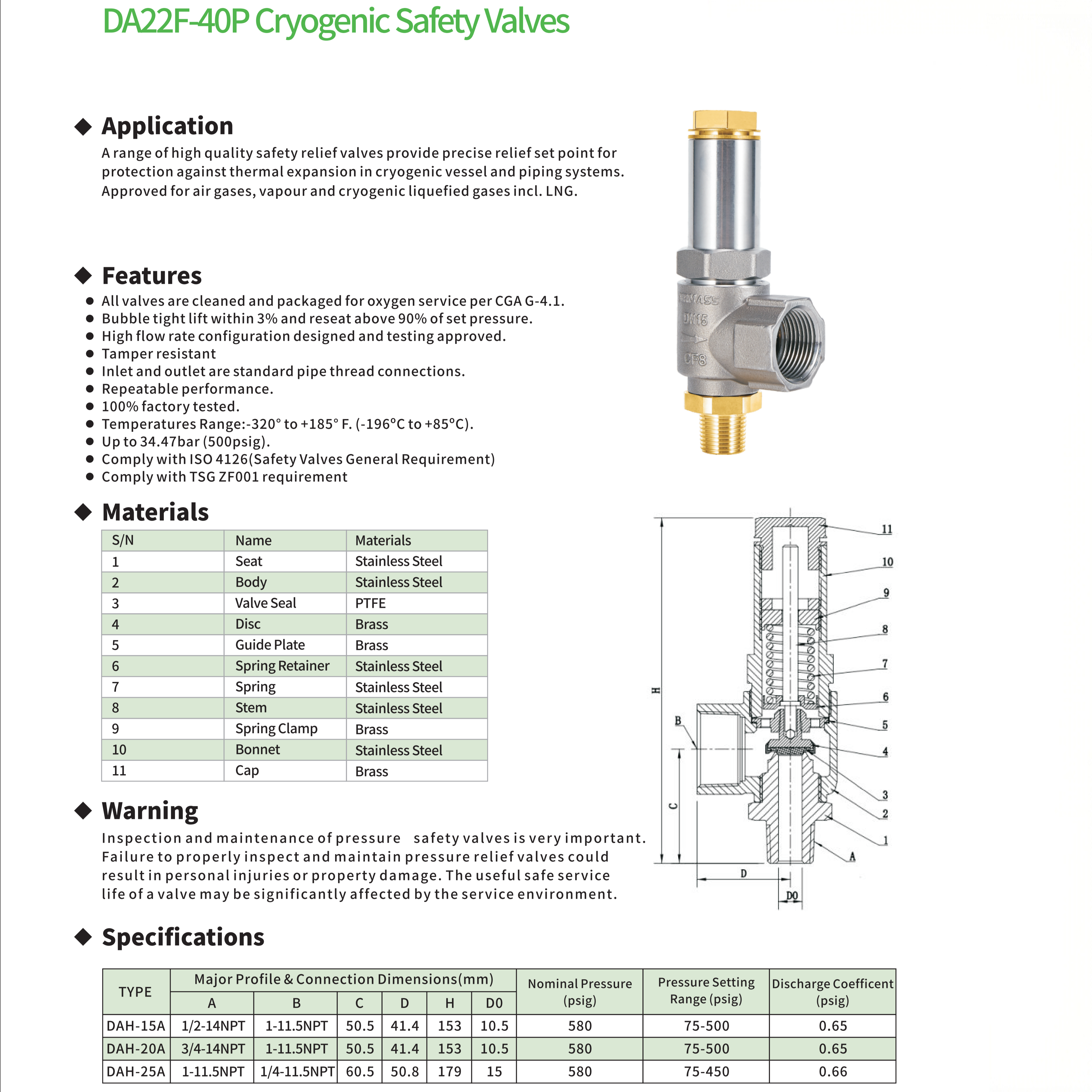 DA22F-40P（DAH-15A，DAH-20A，DAH-25A）Cryogenic Safety Valves