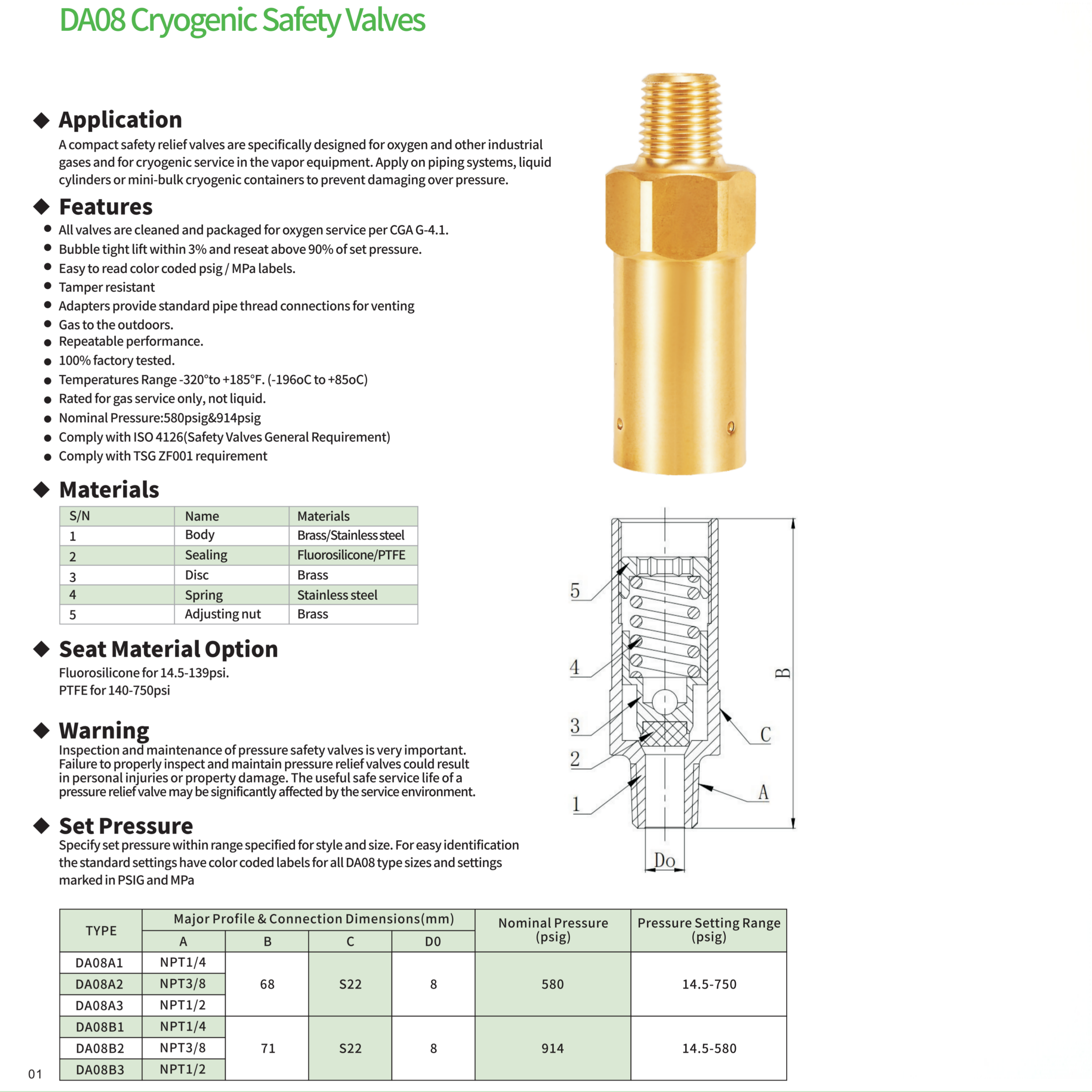 DA08 Cryogenic Safety Valves for Dewar Bottle Gas Cylinders Brass