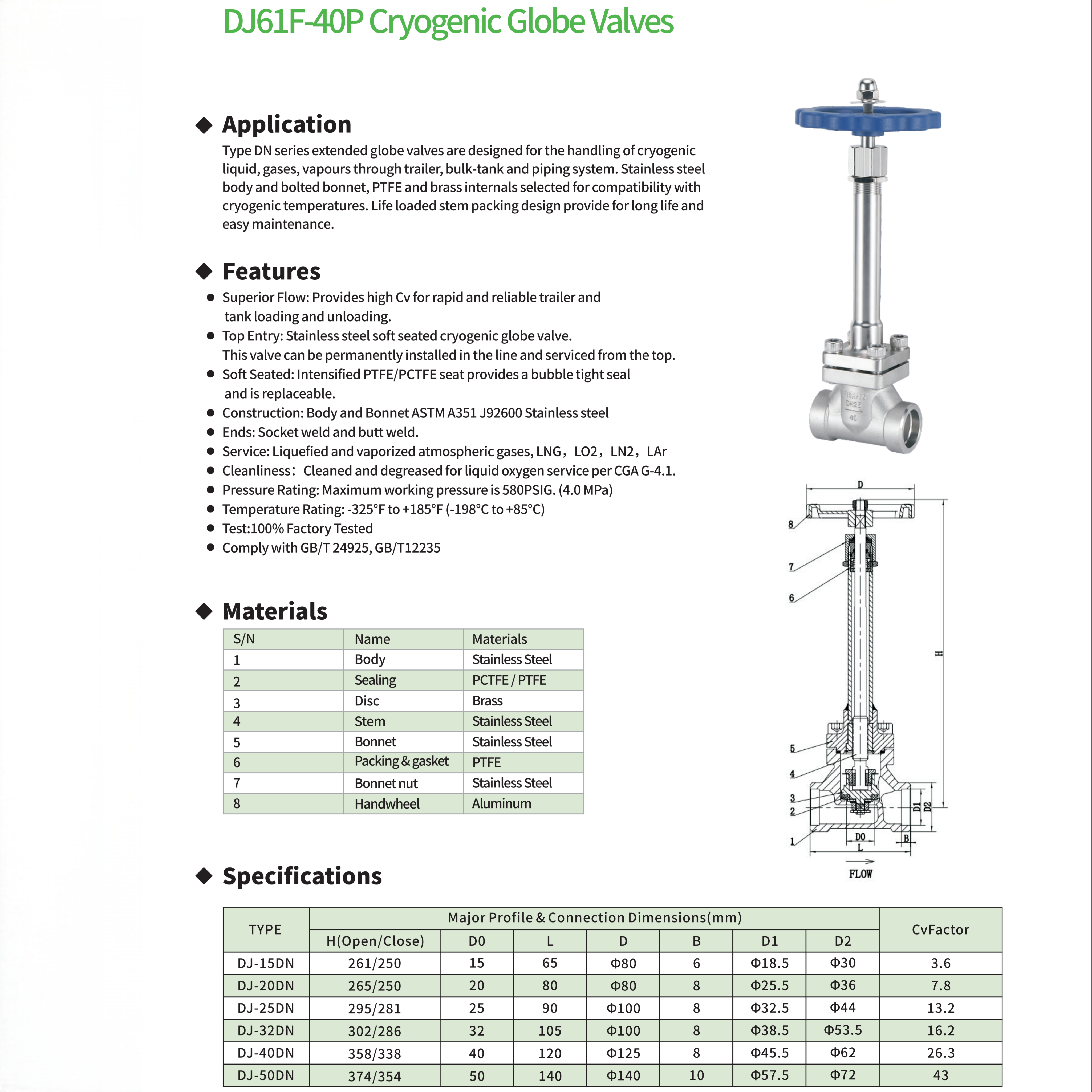  DJ61F-40P(DJ-15DN,DJ-20DN,DJ-25DN，DJ-32DN，DJ-40DN，DJ-50DN) Cryogenic Globe Valves