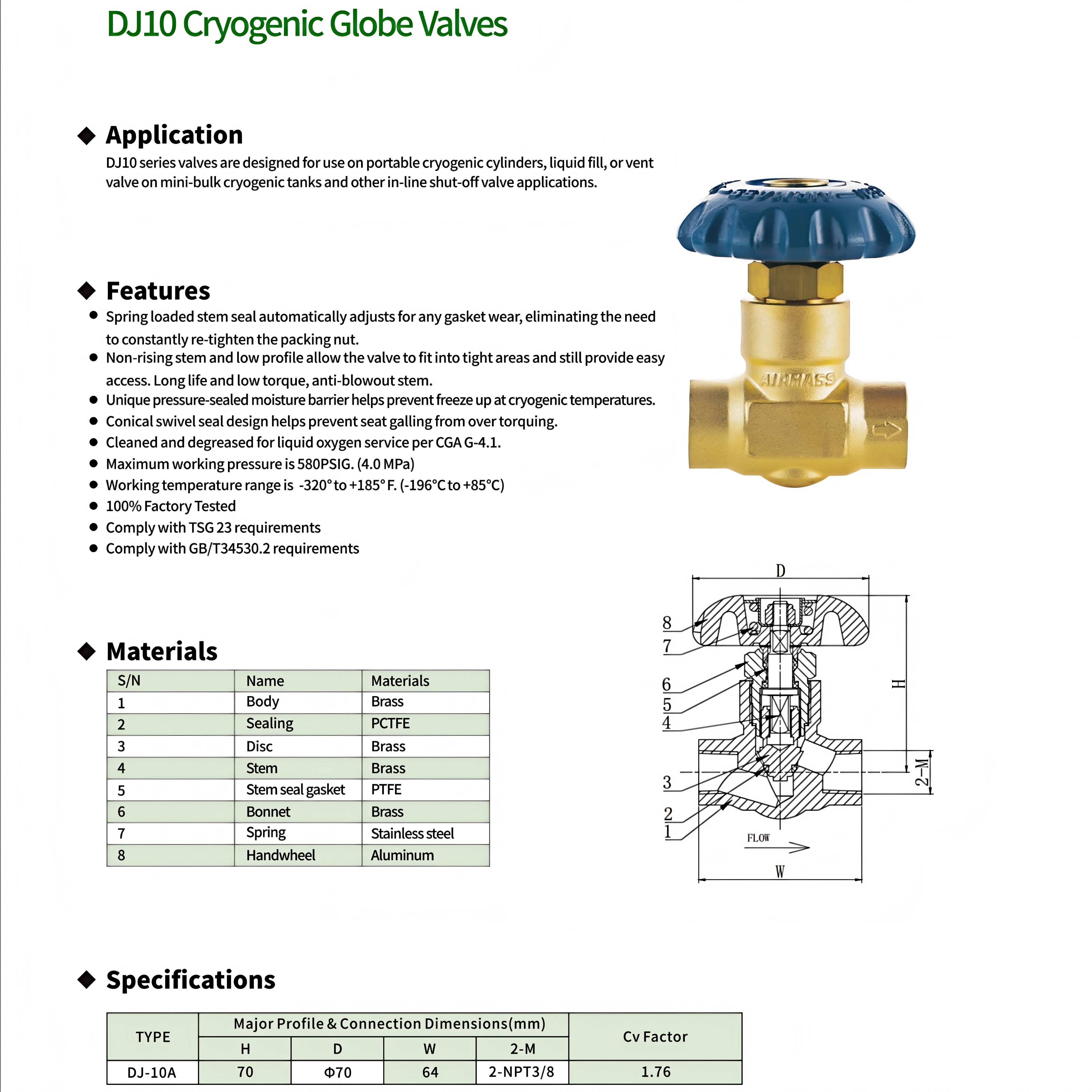 DJ10 Cryogenic Globe Valves Accessory for Dewar Bottle Gas Cylinders Low Pressure Brass/Stainless Steel TYPE DJ-10A