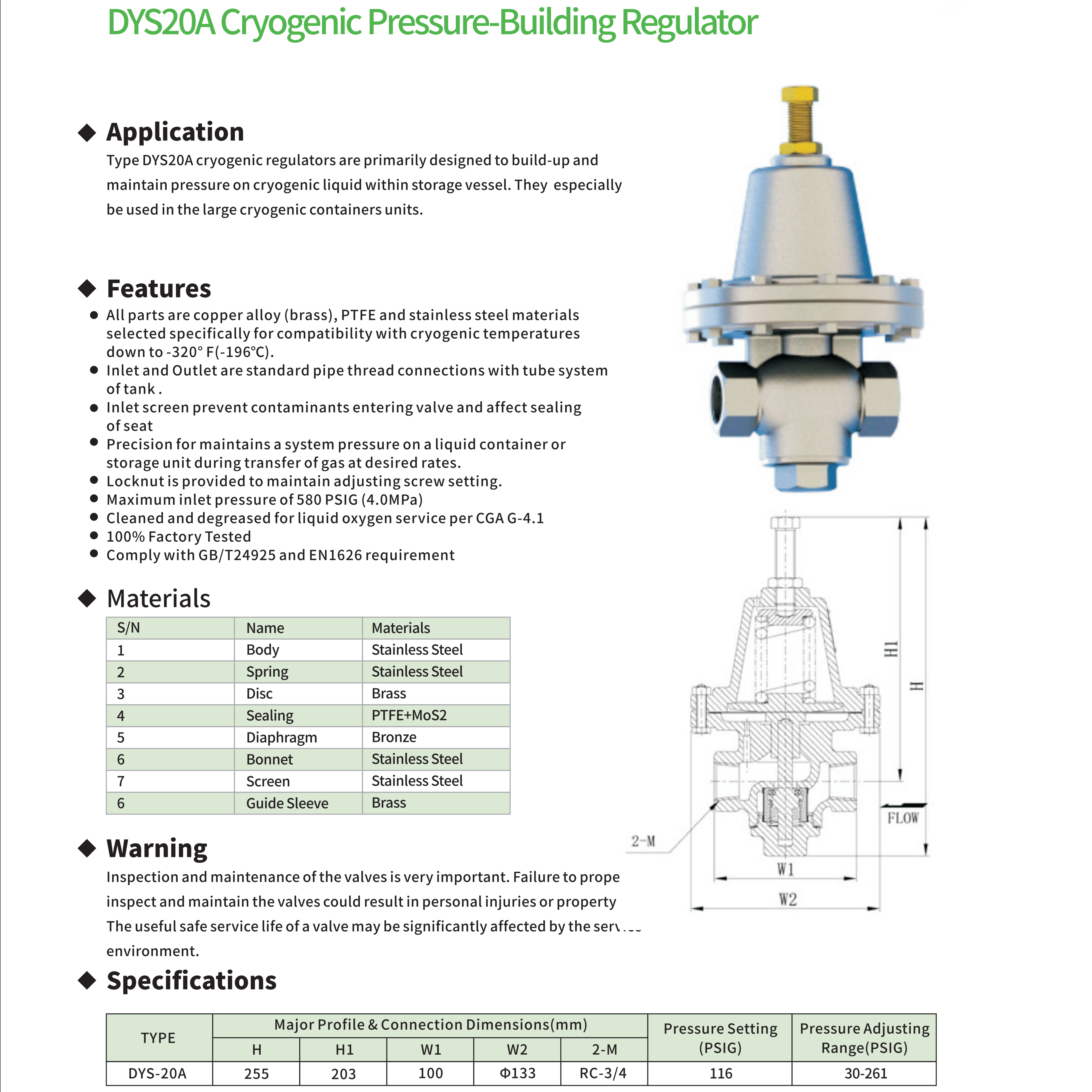 DYS20 ACryogenic Pressure-Building Regulator