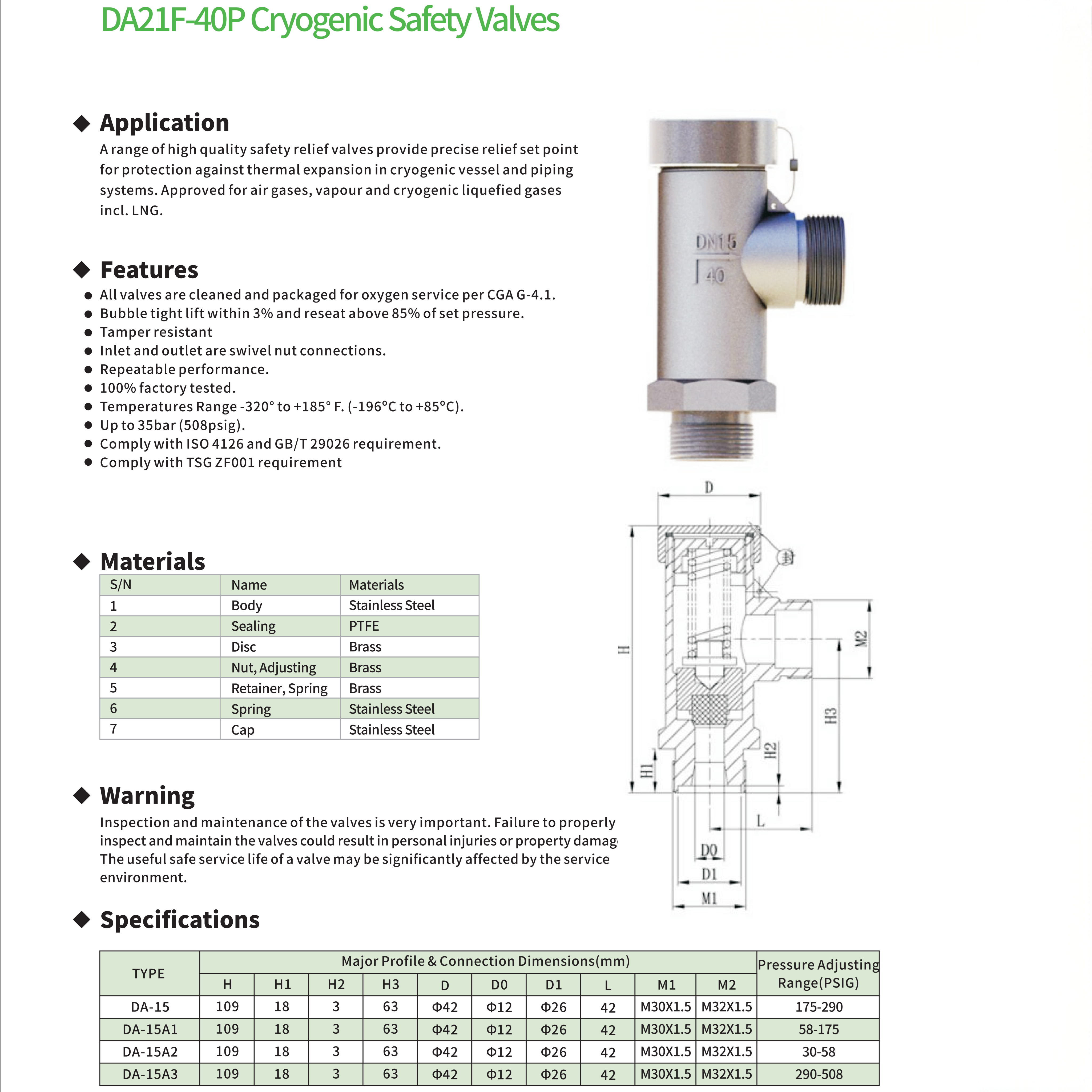 DA21F-40P（DA-15,DA-15A1,DA-15A2,DA-15A3) Cryogenic Safety Valves