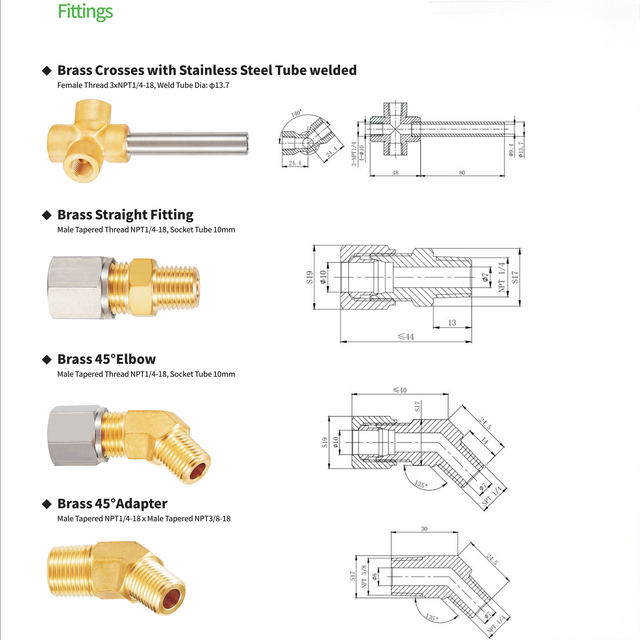 Fittings（Brass Crosses with Stainless Steel Tube welded，Brass Straight Fitting，Brass 45°Elbow，Brass 45°Adapter）