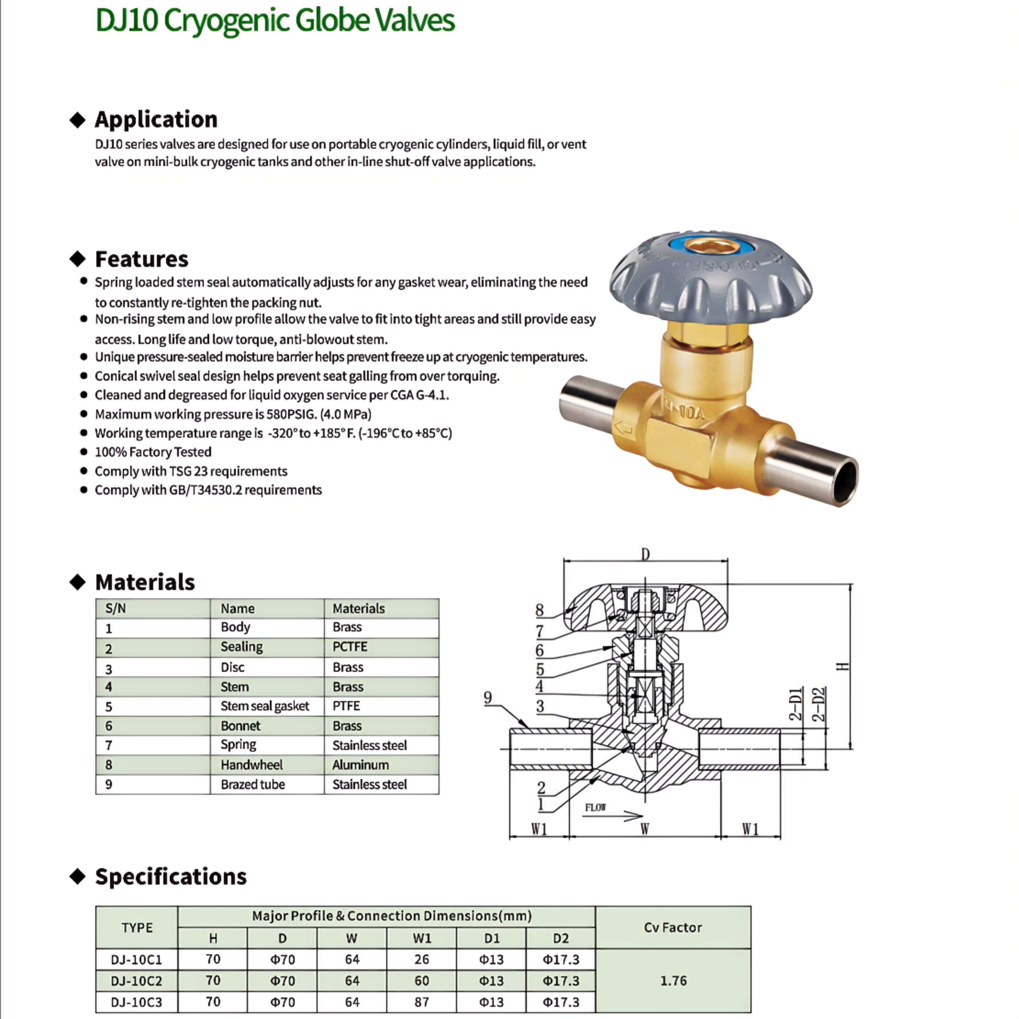 DJ-10C Cryogenic Globe Valves Accessory for Dewar Bottle Gas Cylinders Low Pressure Brass