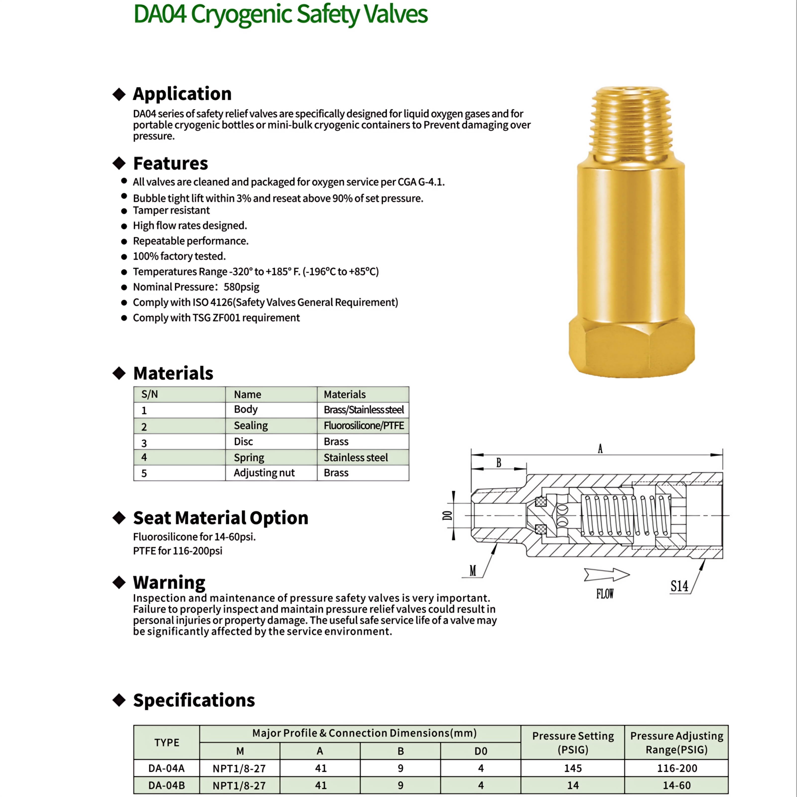 DA04 Cryogenic Safety Valves (DA-04A/DA-04B) Low Pressure Brass/Stainless Steel for Dewar Bottles & Gas Cylinders